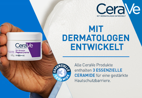 CeraVe Peptid Creme Dose in Hand. Text: Mit Dermatologen entwickelt. 3 essenzielle Ceramide. MVE-Technologie.